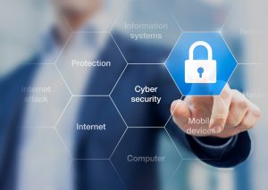 Cyber security concept on virtual screen with a consultant doing presentation in the background